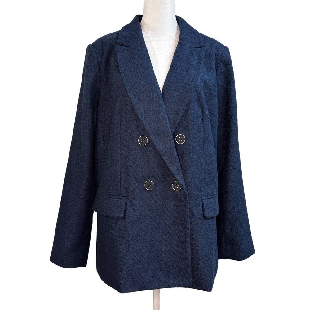 Vintage Navy Blue Wool Double‎ Breasted Blazer Womens 14 Jacket Coat